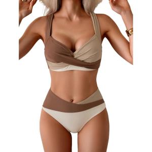 imageB2prity Bikini Sets for Women Two Piece Swimsuit High Waisted Color Block Bathing Suit Tie Back SwimwearBrown Color Block