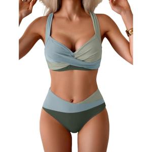 imageB2prity Bikini Sets for Women Two Piece Swimsuit High Waisted Color Block Bathing Suit Tie Back SwimwearGreen Color Block