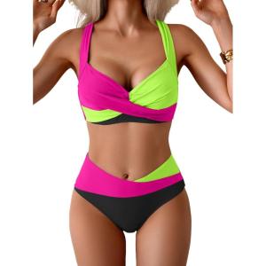 imageB2prity Bikini Sets for Women Two Piece Swimsuit High Waisted Color Block Bathing Suit Tie Back SwimwearPink Green Black