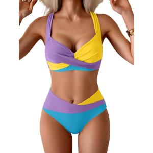 imageB2prity Bikini Sets for Women Two Piece Swimsuit High Waisted Color Block Bathing Suit Tie Back SwimwearPurple Yellow Blue
