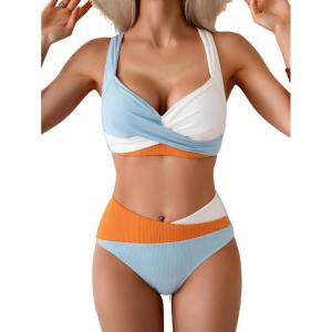 imageB2prity Bikini Sets for Women Two Piece Swimsuit High Waisted Color Block Bathing Suit Tie Back SwimwearRibbed  Blue White Orange