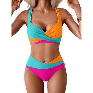 imageB2prity Bikini Sets for Women Two Piece Swimsuit High Waisted Color Block Bathing Suit Tie Back SwimwearTeal Orange Pink
