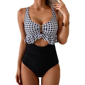 imageB2prity Womens One Piece Swimsuit Tummy Control Ruffled Bathing Suit V Neck Cutout Swim Suit Tie Back SwimwearBlack White Plaid