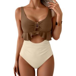 imageB2prity Womens One Piece Swimsuit Tummy Control Ruffled Bathing Suit V Neck Cutout Swim Suit Tie Back SwimwearBrown  White