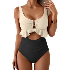 imageB2prity Womens One Piece Swimsuit Tummy Control Ruffled Bathing Suit V Neck Cutout Swim Suit Tie Back SwimwearCream  Black