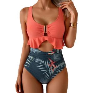imageB2prity Womens One Piece Swimsuit Tummy Control Ruffled Bathing Suit V Neck Cutout Swim Suit Tie Back SwimwearPink  Leaf Print