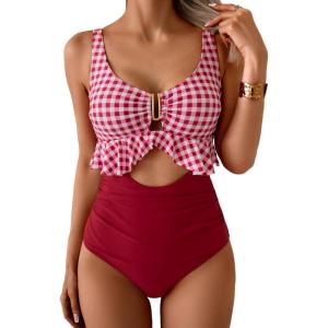 imageB2prity Womens One Piece Swimsuit Tummy Control Ruffled Bathing Suit V Neck Cutout Swim Suit Tie Back SwimwearRed White Plaid