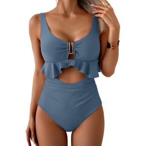 imageB2prity Womens One Piece Swimsuit Tummy Control Ruffled Bathing Suit V Neck Cutout Swim Suit Tie Back SwimwearSlate Blue