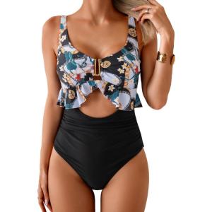 imageB2prity Womens One Piece Swimsuit Tummy Control Ruffled Bathing Suit V Neck Cutout Swim Suit Tie Back SwimwearWhite and Green Print