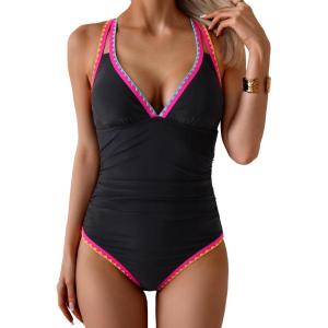 imageB2prity Womens One Piece Swimsuit Tummy Control Slimming Bathing Suit V Neck Neon Color Block Tie Back SwimwearBlack  Yellow Pink Aqua Seams