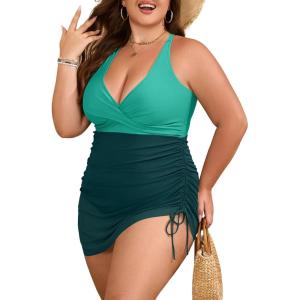 imageB2prity Womens Plus Size One Piece Swimdress Swimsuit Tummy Control Slimming Swim Dress Mesh Drawstring Skirted Bathing SuitGreen  Dark Green