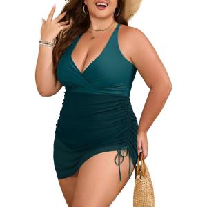 imageB2prity Womens Plus Size One Piece Swimdress Swimsuit Tummy Control Slimming Swim Dress Mesh Drawstring Skirted Bathing SuitPeacock Green