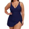imageB2prity One Piece Swim Dress Plus Size Tummy Control Swimsuits for Women V Neck Wrap Swimdress Skirt Bathing SuitNavy Blue
