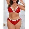 imageB2prity Plus Size Bikini Sets for Women Halter Triangle Two Piece Swimsuit V Neck Tie Back Bathing Suit Shell SwimwearRed