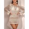imageB2prity Womens Swimsuit Coverups Crochet Bikini Beach Swimwear Cover Ups Split Hem Hollow Out Bathing Suit Cover UpApricotlongsleeve