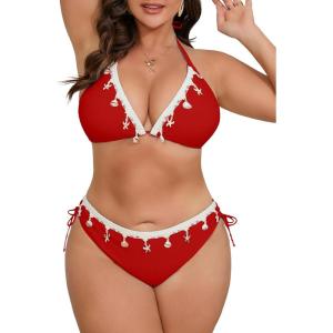 imageB2prity Plus Size Bikini Sets for Women Halter Triangle Two Piece Swimsuit V Neck Tie Back Bathing Suit Shell SwimwearRed