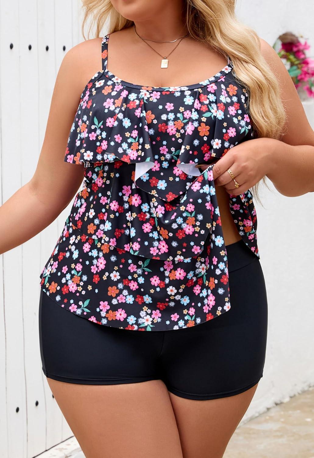 imageB2prity Women Plus Size Tankini Swimsuits Tummy Control Two Piece Bathing Suit Ruffled Flounce Swimwear with ShortsColorful Floral