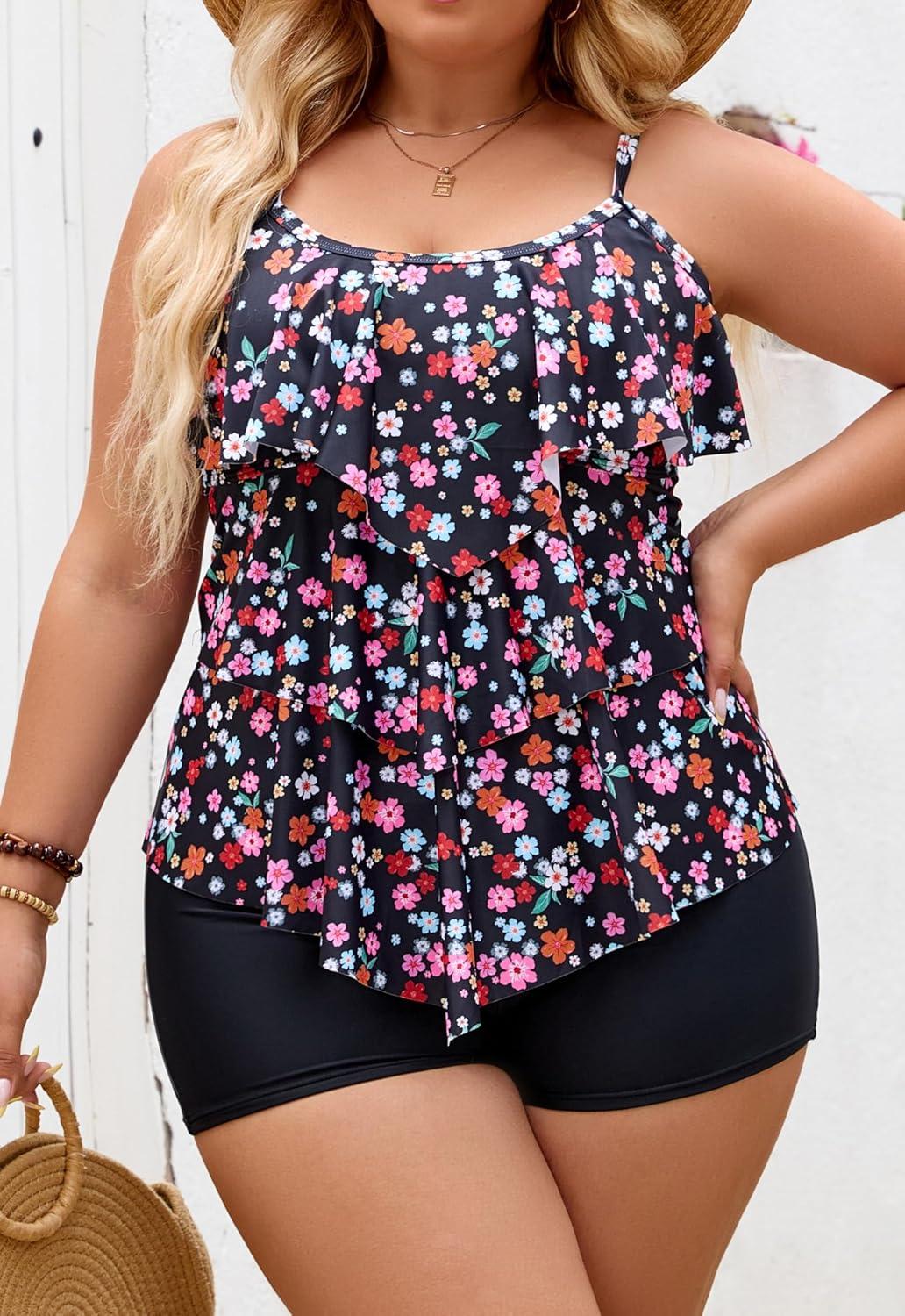 imageB2prity Women Plus Size Tankini Swimsuits Tummy Control Two Piece Bathing Suit Ruffled Flounce Swimwear with ShortsColorful Floral