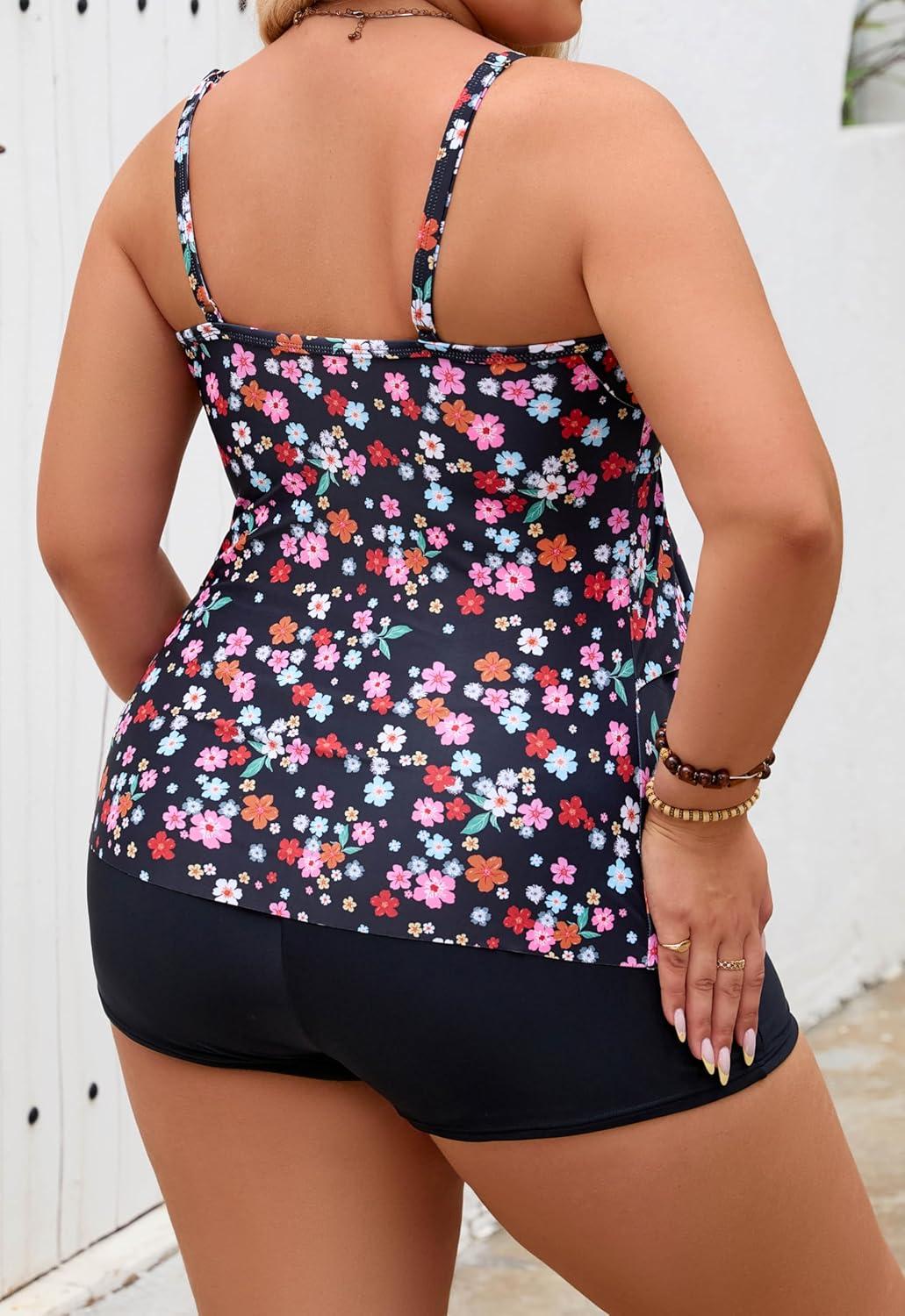 imageB2prity Women Plus Size Tankini Swimsuits Tummy Control Two Piece Bathing Suit Ruffled Flounce Swimwear with ShortsColorful Floral