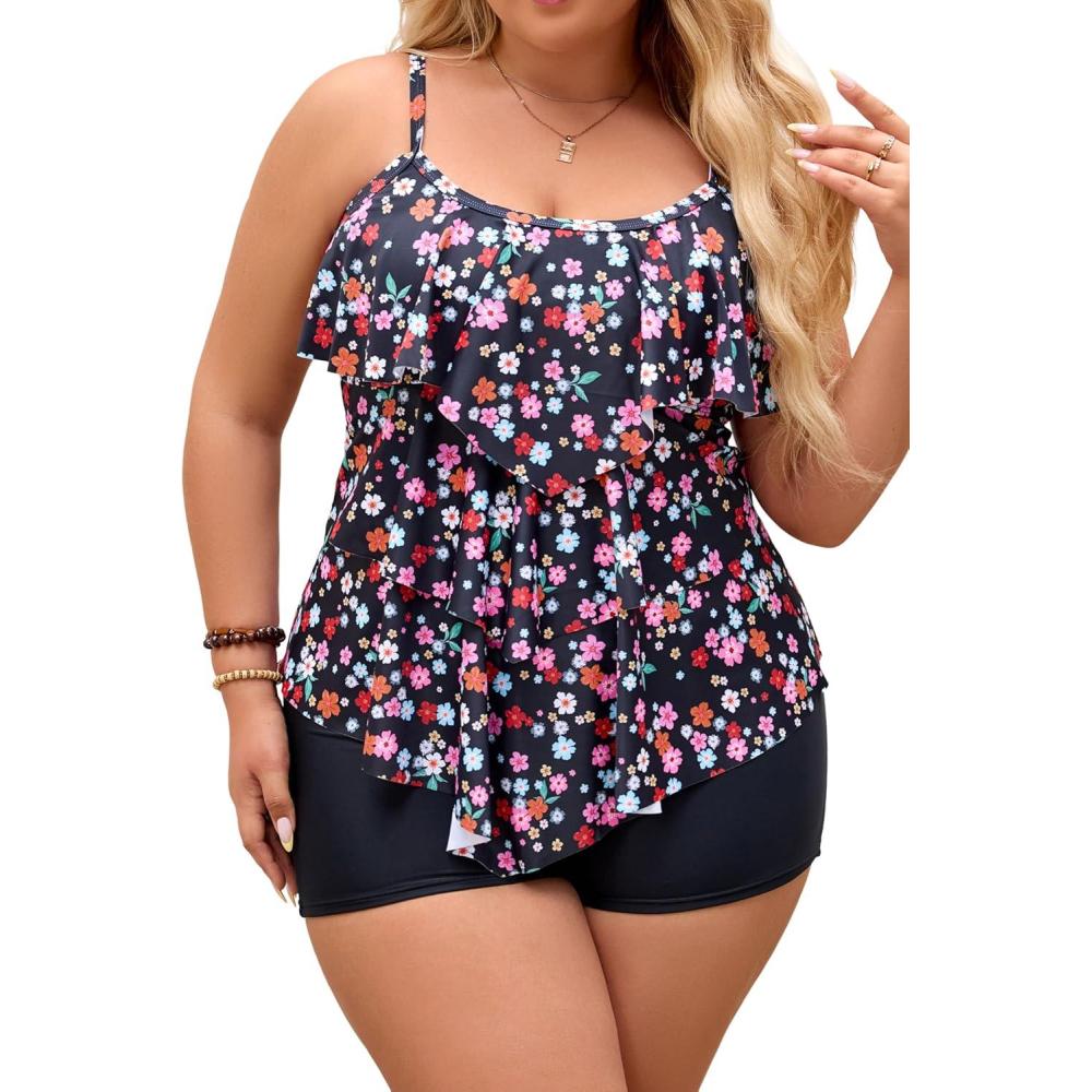 imageB2prity Women Plus Size Tankini Swimsuits Tummy Control Two Piece Bathing Suit Ruffled Flounce Swimwear with ShortsColorful Floral