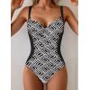 imageB2prity Bathing Suit for Women Slimming Push Up One Piece Swimsuit Lace Up Back Color Block SwimwearWhite Maze Print  Black