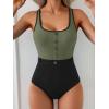 imageB2prity Womens Color Block One Piece Swimsuit Tummy Control Slimming Bathing Suit Scoop Neck High Waisted SwimwearArmy Green Black