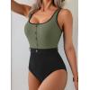 imageB2prity Womens Color Block One Piece Swimsuit Tummy Control Slimming Bathing Suit Scoop Neck High Waisted SwimwearArmy Green Black