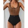 imageB2prity Womens Color Block One Piece Swimsuit Tummy Control Slimming Bathing Suit Scoop Neck High Waisted SwimwearBrown Black