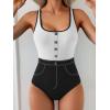 imageB2prity Womens Color Block One Piece Swimsuit Tummy Control Slimming Bathing Suit Scoop Neck High Waisted SwimwearWhite Black