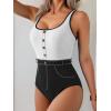 imageB2prity Womens Color Block One Piece Swimsuit Tummy Control Slimming Bathing Suit Scoop Neck High Waisted SwimwearWhite Black