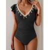 imageB2prity Womens Tummy Control One Piece Swimsuit V Neck Bathing Suit Ruffled Sleeve Swim Suit Shell SwimwearBlack