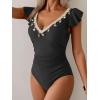 imageB2prity Womens Tummy Control One Piece Swimsuit V Neck Bathing Suit Ruffled Sleeve Swim Suit Shell SwimwearBlack