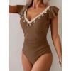 imageB2prity Womens Tummy Control One Piece Swimsuit V Neck Bathing Suit Ruffled Sleeve Swim Suit Shell SwimwearBrown