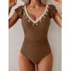 imageB2prity Womens Tummy Control One Piece Swimsuit V Neck Bathing Suit Ruffled Sleeve Swim Suit Shell SwimwearBrown