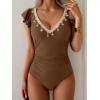 imageB2prity Womens Tummy Control One Piece Swimsuit V Neck Bathing Suit Ruffled Sleeve Swim Suit Shell SwimwearBrown