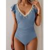 imageB2prity Womens Tummy Control One Piece Swimsuit V Neck Bathing Suit Ruffled Sleeve Swim Suit Shell SwimwearGrey Blue
