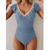 imageB2prity Womens Tummy Control One Piece Swimsuit V Neck Bathing Suit Ruffled Sleeve Swim Suit Shell SwimwearGrey Blue