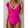 imageB2prity Womens Tummy Control One Piece Swimsuit V Neck Bathing Suit Ruffled Sleeve Swim Suit Shell SwimwearHot Pink