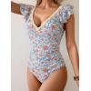 imageB2prity Womens Tummy Control One Piece Swimsuit V Neck Bathing Suit Ruffled Sleeve Swim Suit Shell SwimwearOrange Floral
