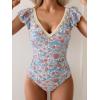 imageB2prity Womens Tummy Control One Piece Swimsuit V Neck Bathing Suit Ruffled Sleeve Swim Suit Shell SwimwearOrange Floral