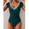 imageB2prity Womens Tummy Control One Piece Swimsuit V Neck Bathing Suit Ruffled Sleeve Swim Suit Shell SwimwearPeacock Green