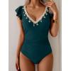 imageB2prity Womens Tummy Control One Piece Swimsuit V Neck Bathing Suit Ruffled Sleeve Swim Suit Shell SwimwearPeacock Green