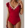 imageB2prity Womens Tummy Control One Piece Swimsuit V Neck Bathing Suit Ruffled Sleeve Swim Suit Shell SwimwearRed