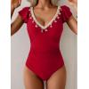imageB2prity Womens Tummy Control One Piece Swimsuit V Neck Bathing Suit Ruffled Sleeve Swim Suit Shell SwimwearRed