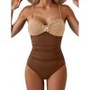 imageB2prity One Piece Swimsuit for Women Tummy Control Swimsuit Ruched Slimming Bathing Suit Spaghetti Straps Swim SuitsBrown Color Block