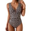 imageB2prity One Piece Swimsuit for Women Tummy Control V Neck Bathing Suit Ruched Slimming Swim Suit Push Up SwimwearBrown Cross Stripe