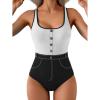 imageB2prity Womens Color Block One Piece Swimsuit Tummy Control Slimming Bathing Suit Scoop Neck High Waisted SwimwearWhite Black