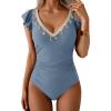 imageB2prity Womens Tummy Control One Piece Swimsuit V Neck Bathing Suit Ruffled Sleeve Swim Suit Shell SwimwearGrey Blue
