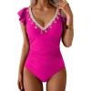 imageB2prity Womens Tummy Control One Piece Swimsuit V Neck Bathing Suit Ruffled Sleeve Swim Suit Shell SwimwearHot Pink