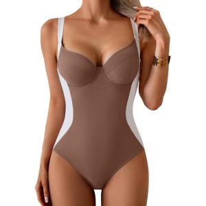 imageB2prity Bathing Suit for Women Slimming Push Up One Piece Swimsuit Lace Up Back Color Block SwimwearBrown  White